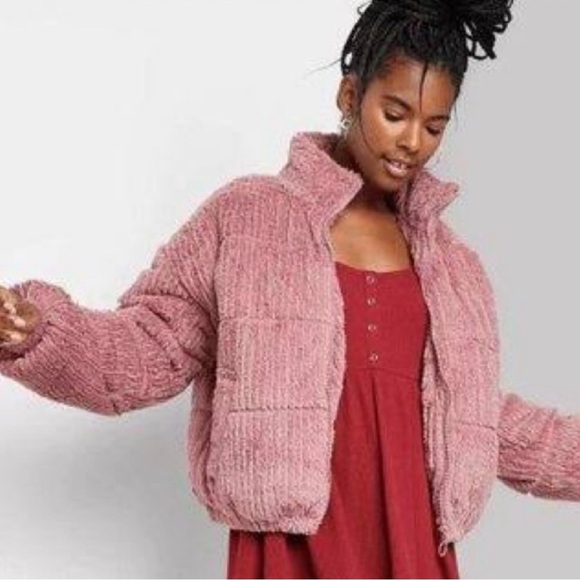 Wild Fable Women’s Pink Sherpa Puffer Jacket Size S Cozy Zip-Up - Picture 1 of 9